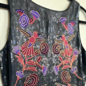 Sequins black dress with embroidery birds & flowers